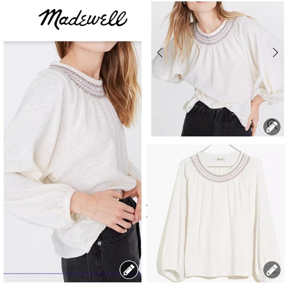 Madewell Superlight Jacquard Embroidered Smocked Top Size XS Cream #7218Z